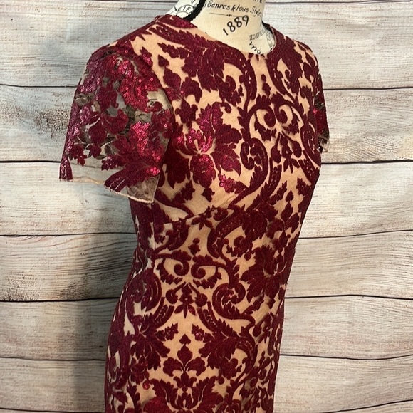 Dress the Population Dress Sequins Lace Sheer Size Small Maroon Wine Color - Picture 3 of 8